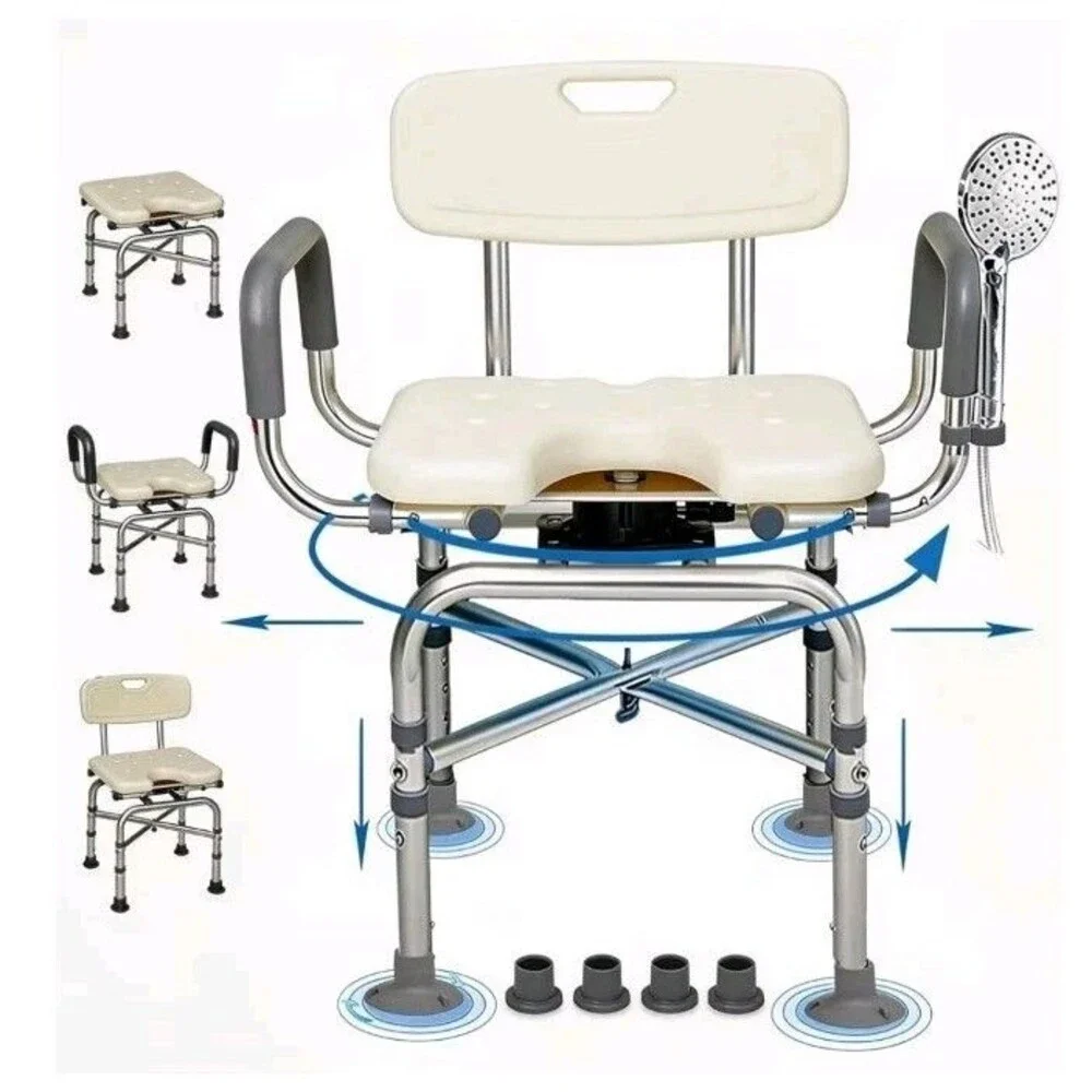 Adjustable 360° Heavy Duty Swivel Shower Chair w Padded Back & Arms 550 Lb...